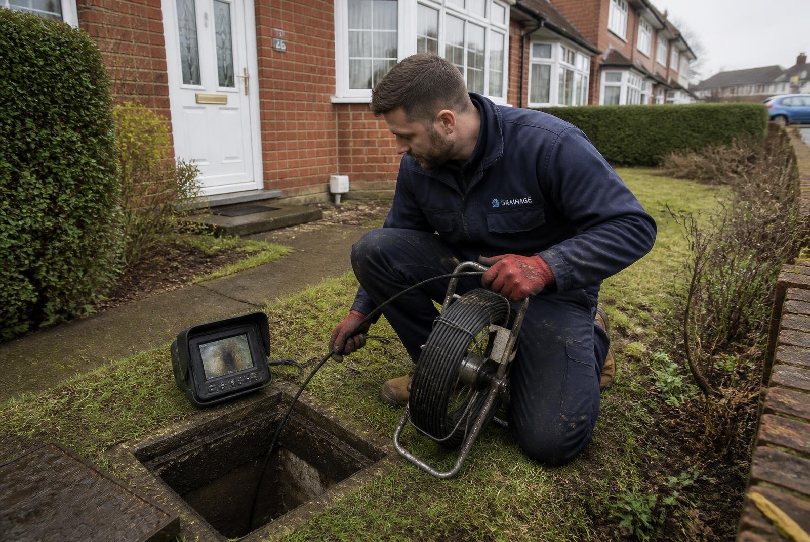 CCTV drain survey in progress at a UK residential property, with camera reel and monitor beside an open drain chamber